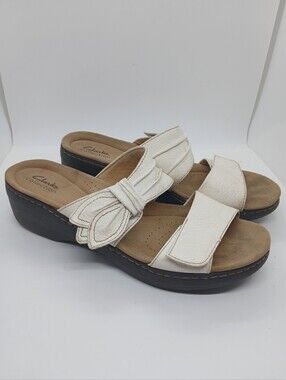 ​Clarks Merliah Charm White Leather Wedge Sandals Bow Detail Comfort 11